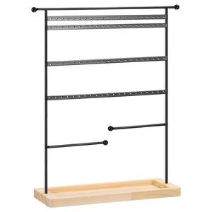 Earring Display Stand Tower 4 Tier Metal Jewelry Holder with Wooden Tray Black